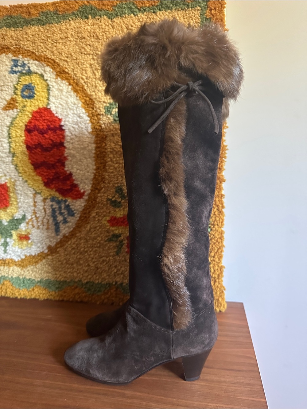 Vintage Suede Knee-High Boots with Rabbit Fur Trim - Dark Brown